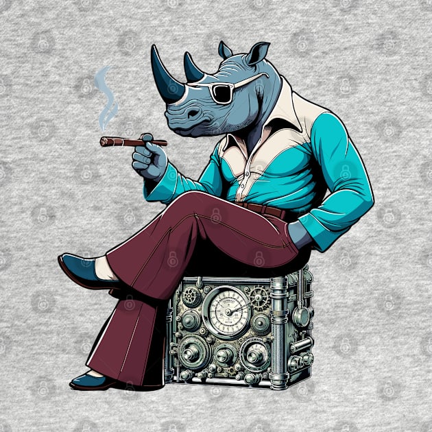 70s rhino Relaxing on steampunk Radio - Unique Digital Art by TimeWarpWildlife